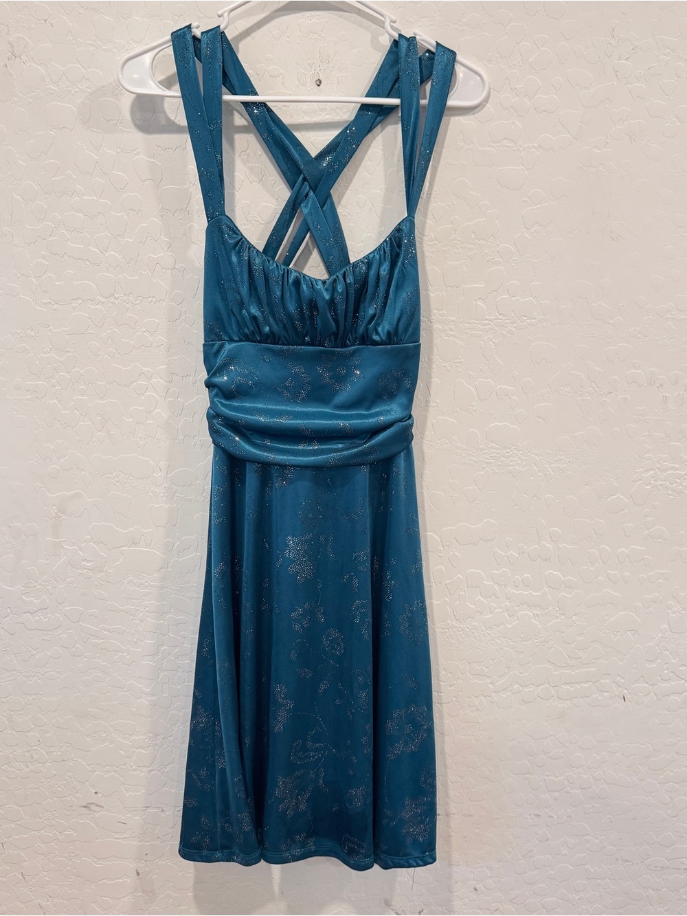 Y2K B Darlin Teal Crisscross Strap Mini Dress Size 9/10 Babydoll Glitter Fairy